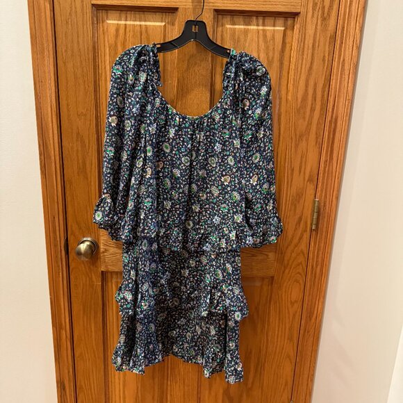 Tory Burch 100% Silk 3-Tier Navy Soleil Ruffle Dress, Size 12 - Picture 4 of 10